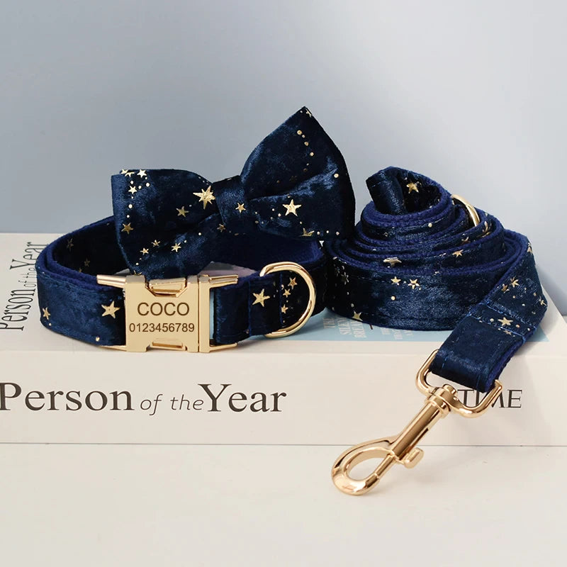 Gepersonaliseerde hondenhalsband donker blauw met sterretjes